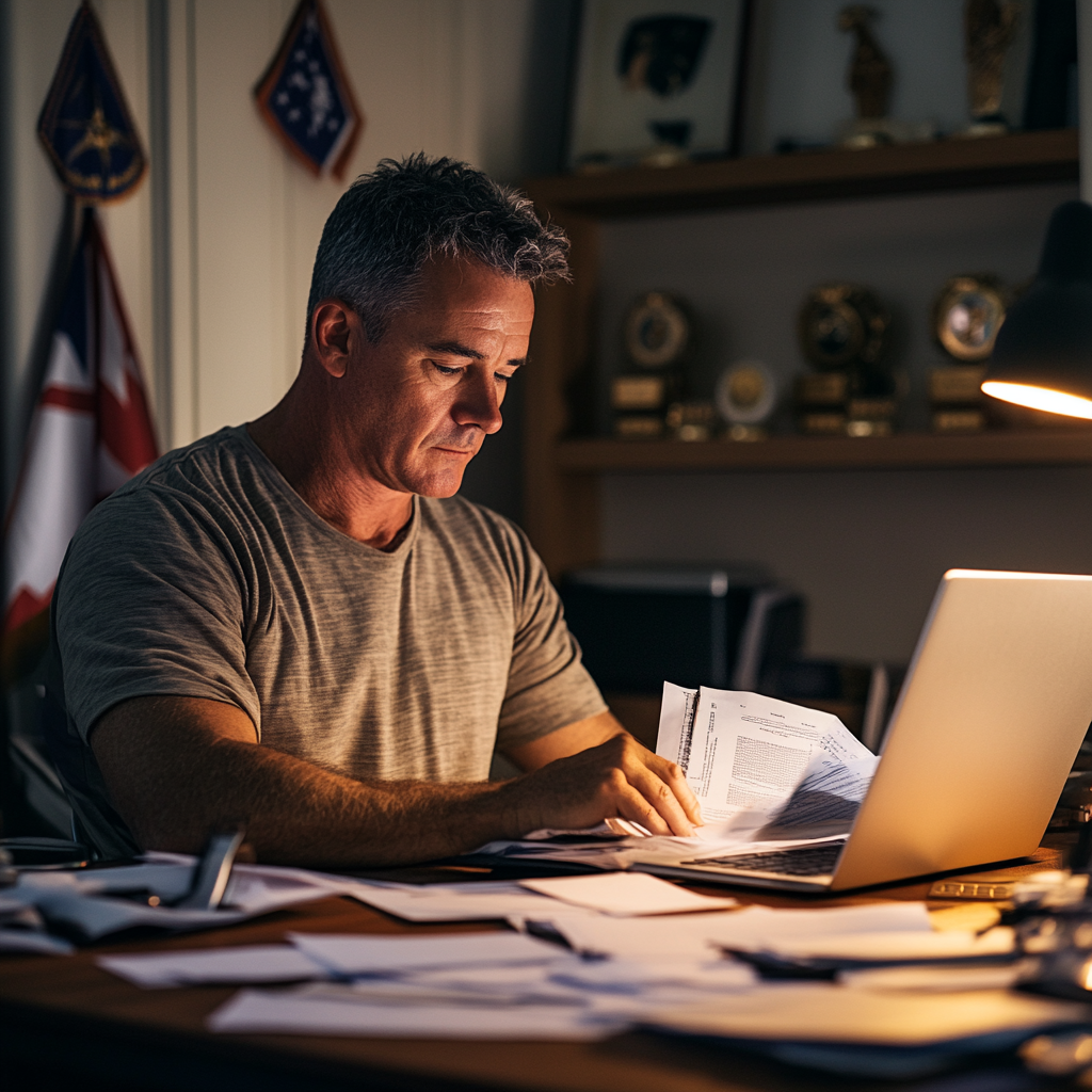 This image depicts a mature man working intently at a desk, surrounded by papers, with a laptop in front of him. The setting suggests a home office or study, adorned with military memorabilia, including medals and flags, indicating a connection to the military. The lighting is warm and focused, creating a serious yet personal atmosphere. Purpose of the Image: The image is likely intended to illustrate themes such as: A veteran reviewing important documents or preparing claims. The diligence and dedication involved in navigating compensation or rehabilitation processes. A symbolic representation of a veteran seeking support or advocating for their rights.